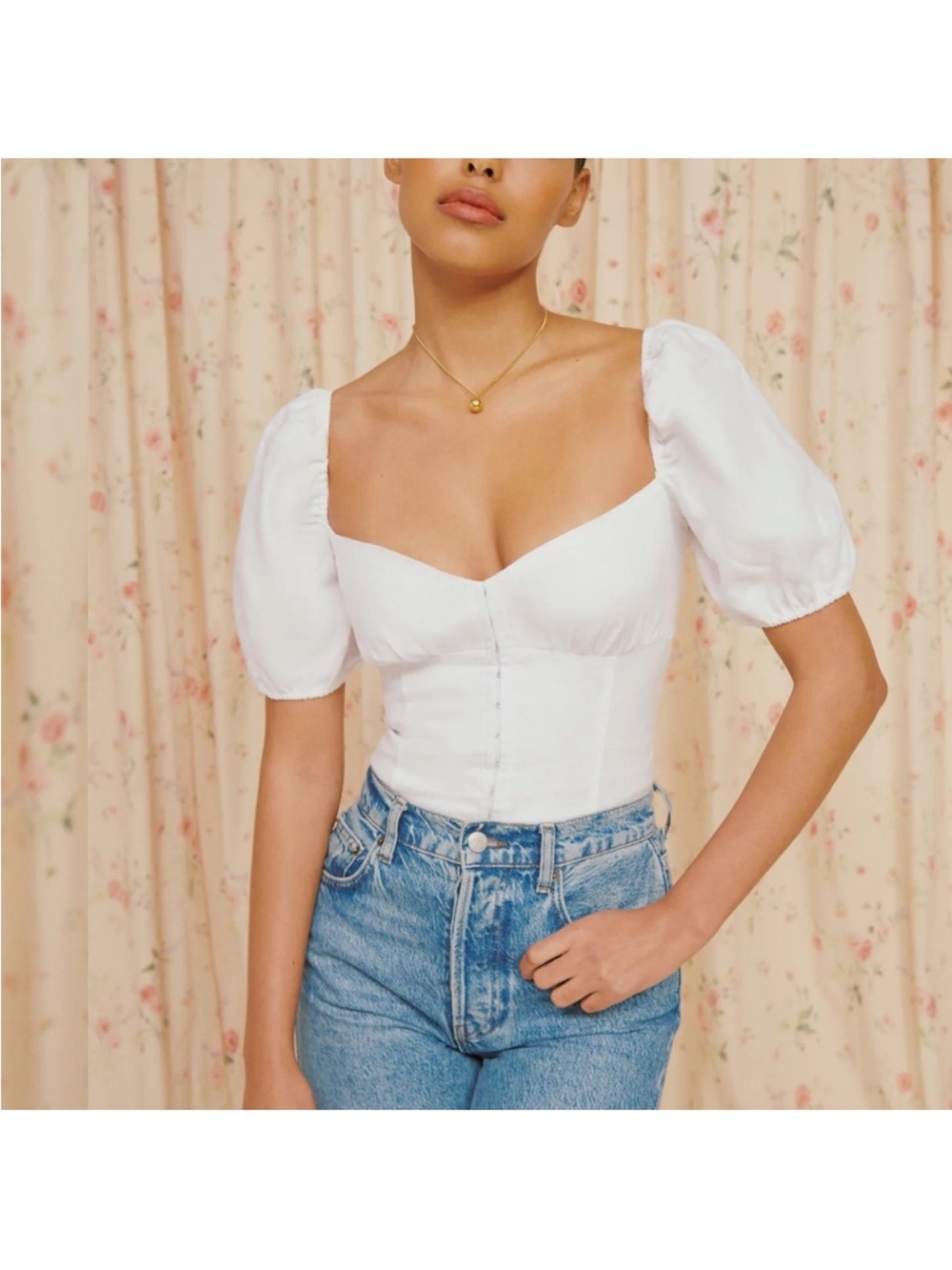Reformation White Sweetheart Corset Puff-Sleeve Top